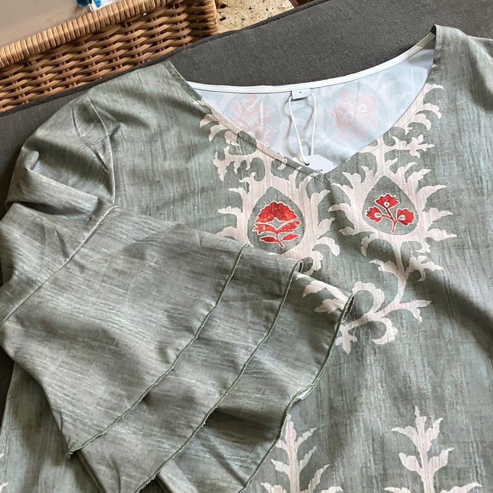 Women’s Sage Green Embroidered V-Neck Top